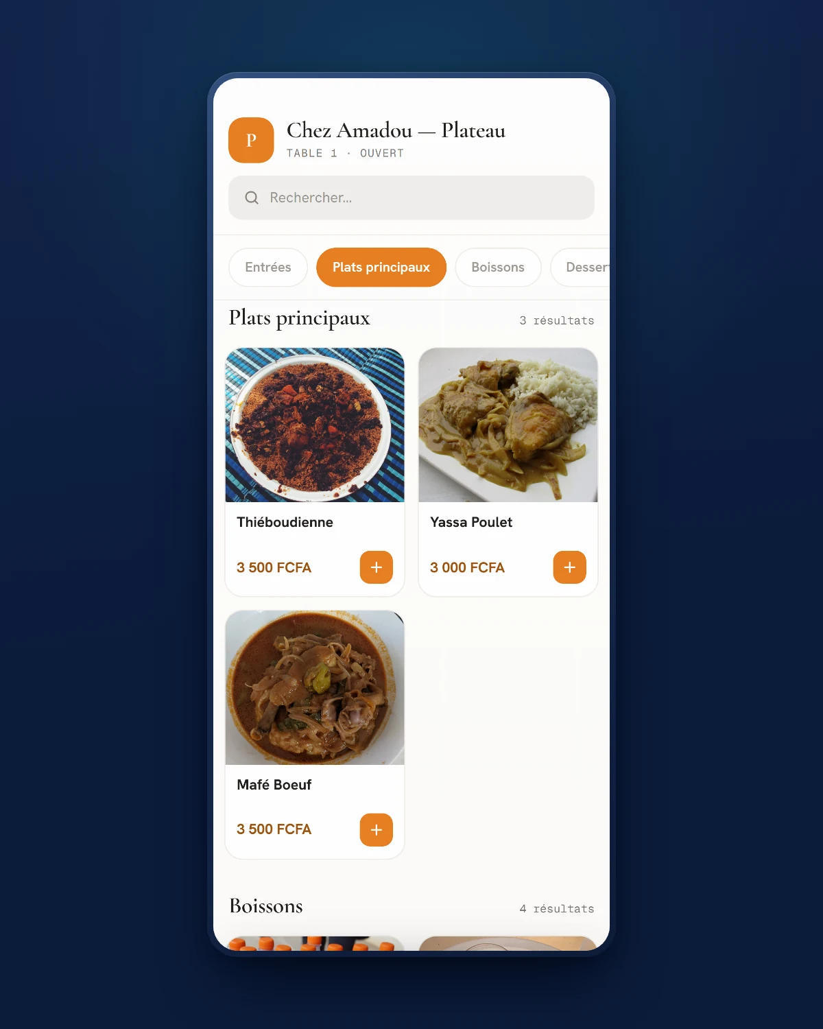 Le menu One Food sur téléphone : la carte d'un restaurant avec photos et prix en FCFA