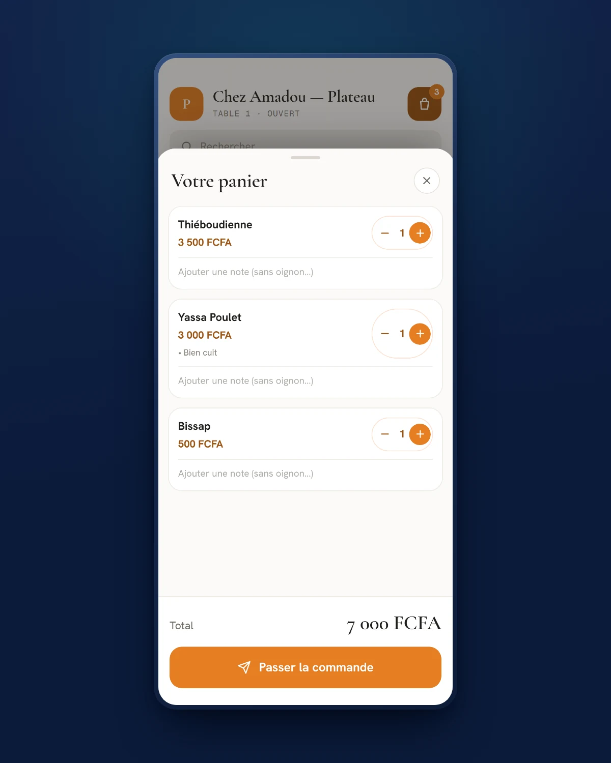 Panier d'une commande passée depuis le menu QR, avec le total en FCFA